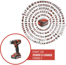 Fait partie de la gamme Power X-Change avec une perceuse-visseuse sans fil et divers outils.