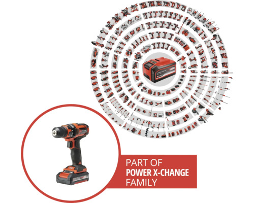 Fait partie de la gamme Power X-Change avec une perceuse-visseuse sans fil et divers outils.