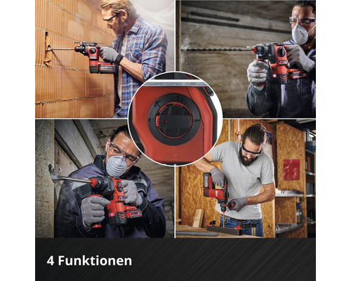 Mehrfachansicht eines Bohrhammers im Einsatz mit vier Funktionen.