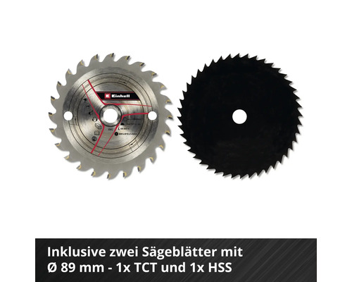 Zwei Sägeblätter mit Durchmesser 89 Millimeter, einmal TCT und einmal HSS