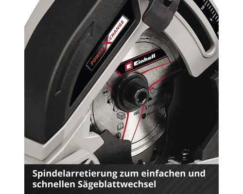 Einhell Logo. Detailansicht einer Kreissäge mit Sägeblatt
