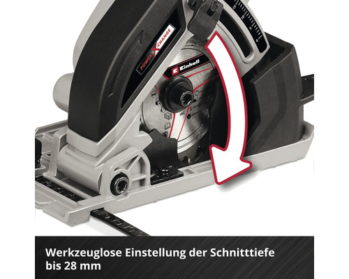 Einhell Handkreissäge mit werkzeugloser Schnitttiefeneinstellung bis 28 Millimeter.