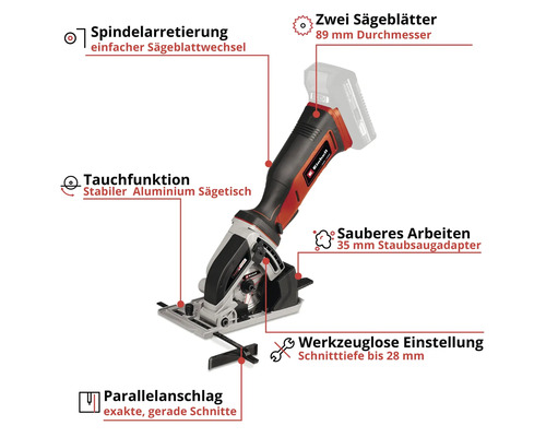 Einhell Akku-Tauchsäge mit Spindelarretierung, zwei Sägeblättern mit 89 Millimeter Durchmesser, Aluminium Sägetisch, Parallelanschlag, 35 Millimeter Staubsaugadapter und werkzeugloser Einstellung bis 28 Millimeter Schnitttiefe