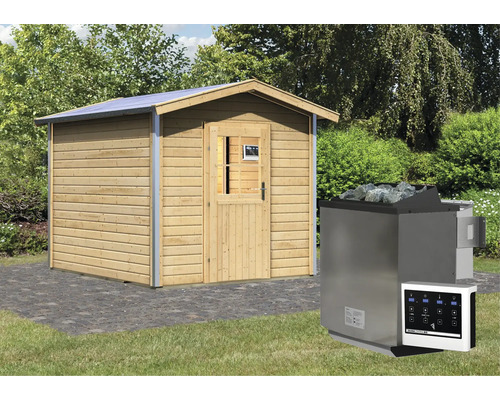 Sauna avec façade en bois et poêle de sauna avec pierres