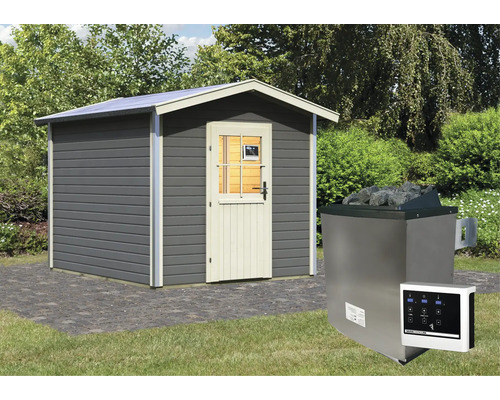 Chalet sauna Karibu Nosse 1 avec poêle 9 kW et commande externe avec porte entièrement vitrée couleur bronze gris terre
