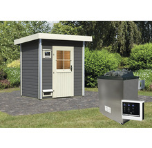 Sauna mit Saunaofen und Steuerung im Garten