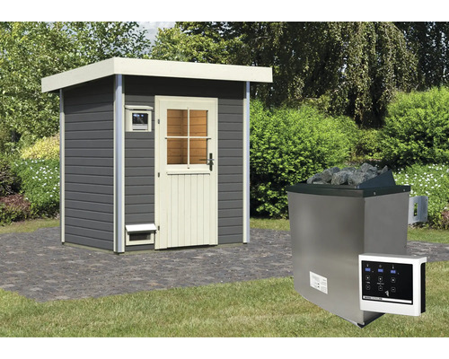 Chalet sauna Karibu Opal 1 avec poêle 9 kW, commande externe et porte en bois avec verre à isolation thermique gris terre/blanc