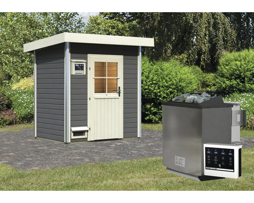 Chalet sauna Karibu Opal 1 avec poêle bio 9 kW, commande externe et porte en bois avec verre à isolation thermique gris terre/blanc