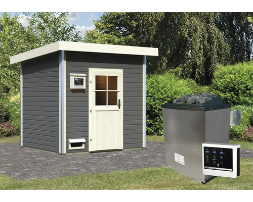 Chalet sauna Karibu Opal 4 avec poêle 9 kW et commande externe avec porte en bois et verre transparent gris terre/blanc