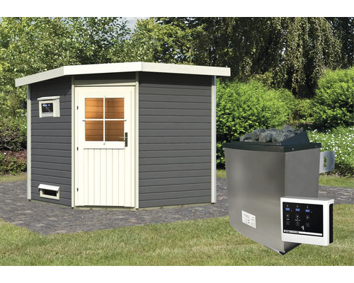 Chalet sauna Karibu Rubin 3 avec poêle bio 9 kW, commande externe et porte en bois avec verre isolant thermiquement gris terre/blanc