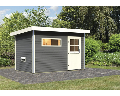 Chalet sauna Topas 1 sans poêle avec vestibule et porte entièrement vitrée couleur bronze gris terre/blanc