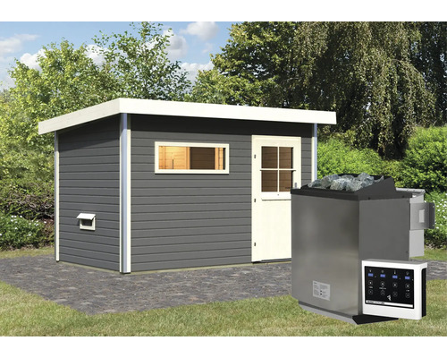 Chalet sauna Topas 1 avec poêle bio 9kW et commande externe avec vestibule et porte entièrement vitrée couleur bronze gris terre/blanc