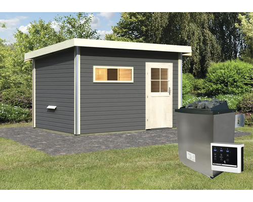 Chalet sauna Karibu Topas 3 9 kW poêle avec entrée et porte entièrement vitrée gris terre