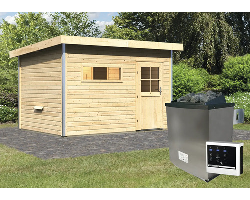 Sauna avec poêle de sauna dans le jardin