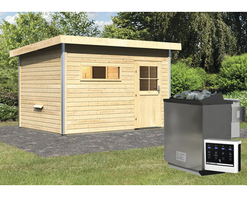 Sauna en madriers avec poêle de sauna et commande dans le jardin