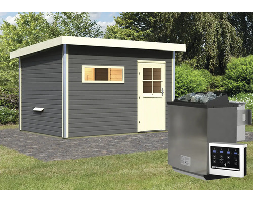 Chalet sauna Topas 2 avec poêle bio 9kW et commande externe avec vestibule et porte entièrement vitrée couleur bronze gris terre/blanc