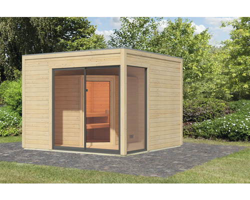 Sauna de jardin en bois autoportante avec porte et fenêtres en verre