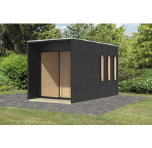Modernes Gartenhaus mit Schiebetür und drei Fenstern