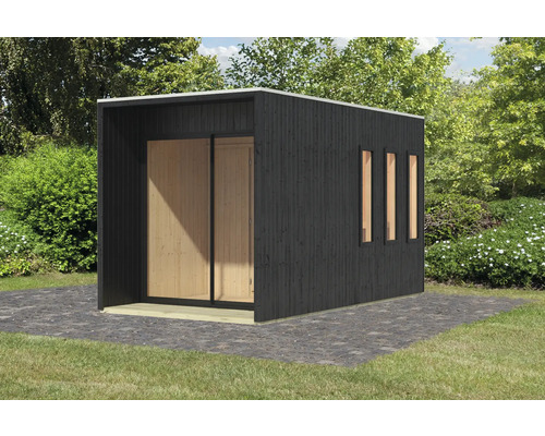 Chalet sauna Karibu Miramor sans poêle avec auvent et porte en bois avec verre à isolation thermique noir