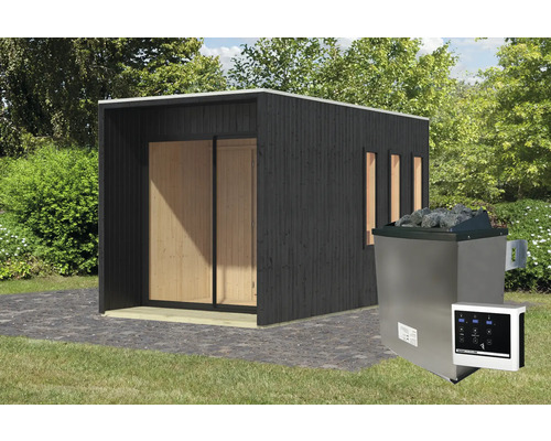 Chalet sauna Karibu Miramor avec poêle 9 kW et commande externe avec auvent et porte en bois avec verre à isolation thermique noir