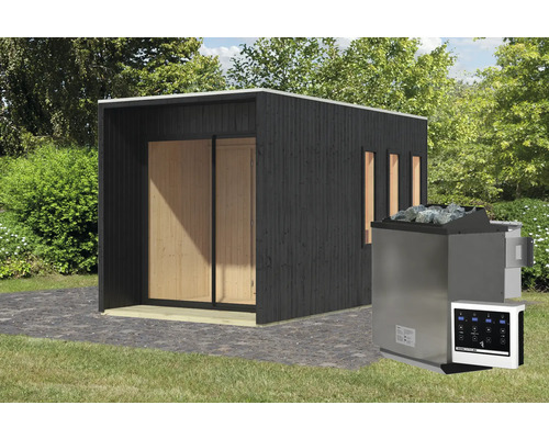 Chalet sauna Karibu Miramor avec poêle bio 9 kW et commande externe avec auvent et porte en bois avec verre à isolation thermique noir