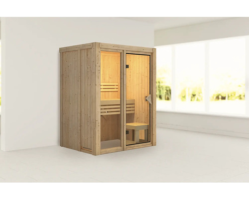 Sauna modulaire Karibu Avarni 1 sans poêle ni couronne avec porte entièrement vitrée couleur bronze