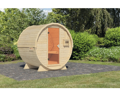 Sauna baril Karibu Rondi sans poêle avec porte en bois et verre à isolation thermique