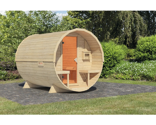 Sauna baril Karibu Rondi 2 sans poêle avec porte en bois et verre à isolation thermique