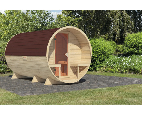 Sauna tonneau en bois avec porte et bardeau de toiture
