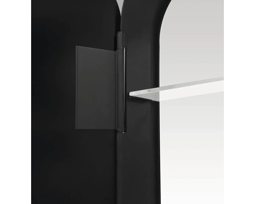Gros plan d''une armoire de toilette noire avec charnière de porte et étagère en verre