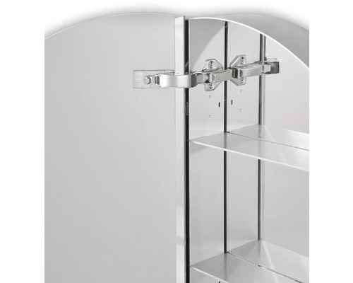 Gros plan d''une armoire de toilette ouverte avec des étagères et des charnières