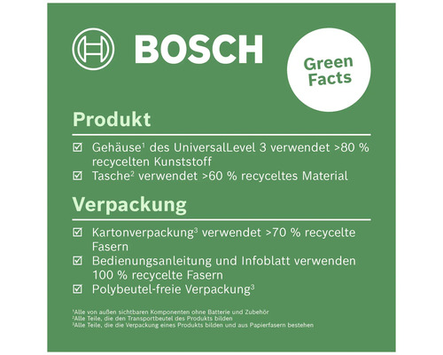 Bosch Green Facts sur le produit UniversalLevel 3 et son emballage