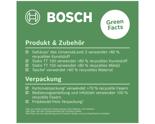 Bosch Green Facts: Produktgehäuse, Stativ und Tasche aus recycelten Materialien, Kartonverpackung und Bedienungsanleitung aus recycelten Fasern, polybeutelfreie Verpackung