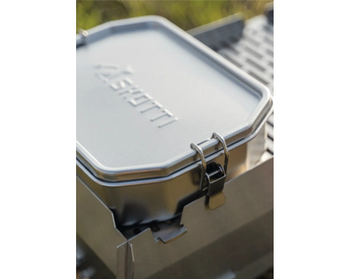 Geschlossene, rechteckige Feuerschale aus Metall mit Schnappverschlüssen