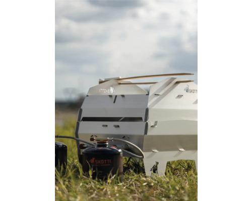 Tragbarer Grill aus Edelstahl mit Gaskartusche auf einer Wiese