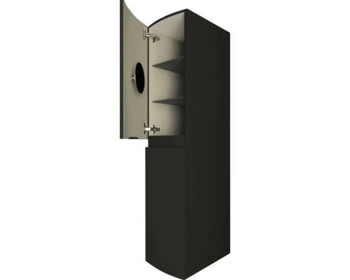Armoire haute noire avec porte ouverte et étagères