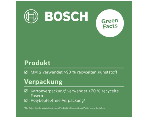 Bosch Logo mit Informationen zu Produkt und Verpackung bezüglich recycelter Materialien und polybeutelfreier Verpackung