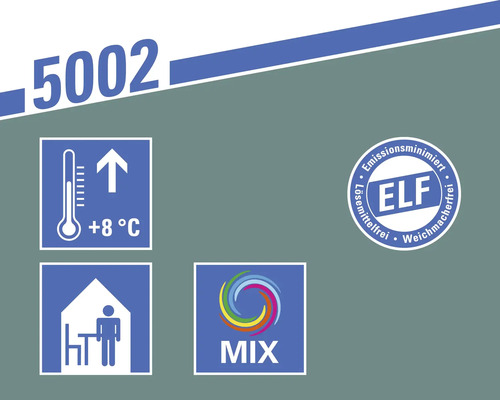 Symbol: Verarbeitungstemperatur mindestens 8 Grad. Symbol: Für Innenräume geeignet. Symbol: Mix. ELF Logo: Emissionsminimiert, lösemittelfrei, weichmacherfrei