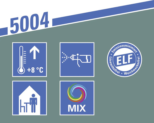 Informations sur le produit : température de traitement à partir de 8 degrés, convient aux pistolets à peinture, convient à une utilisation en intérieur, service de mélange de couleurs et label ELF