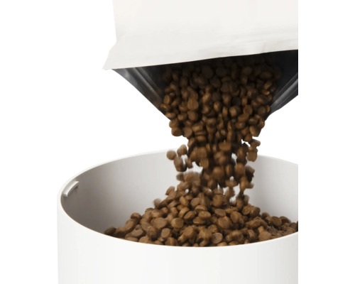 De la nourriture pour animaux est versée dans un distributeur automatique