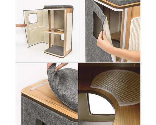 Katzenhaus mit Kratzbaum, Liegeflächen und Stoffverkleidung