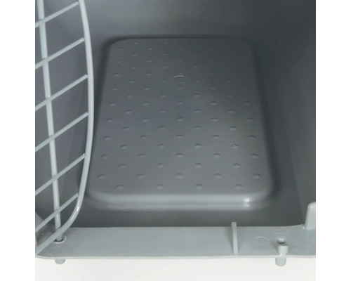 Cage de transport grise pour animaux avec grille métallique et fond aéré.