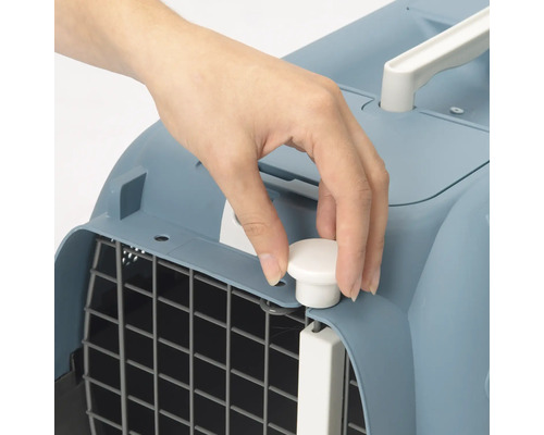 Hand schliesst eine Transportbox für Haustiere
