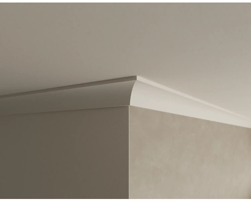 Gros plan d''une moulure de plafond sur un mur, qui masque les transitions entre le mur et le plafond.