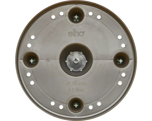 Unterseite eines runden Blumentopfuntersetzers mit einem Durchmesser von 25 cm und einem Volumen von 5,5 Litern