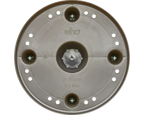 Elho Logo. Untersetzer mit einem Durchmesser von 25 Zentimetern und einem Volumen von 5,5 Litern.
