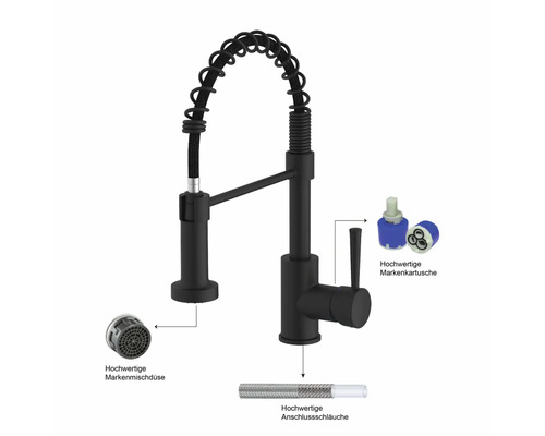 Küchenarmatur mit Brauseschlauch, Markenkartusche, Markenmischdüse und Anschlussschläuche