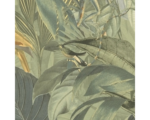 Papier peint sur le thème de la jungle, montrant des plantes, un oiseau et un caméléon