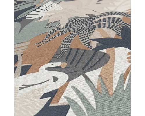 Papier peint à motif crocodile, flamant rose et plantes