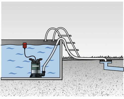 Logo Metabo Pompe submersible dans piscine avec système de drainage